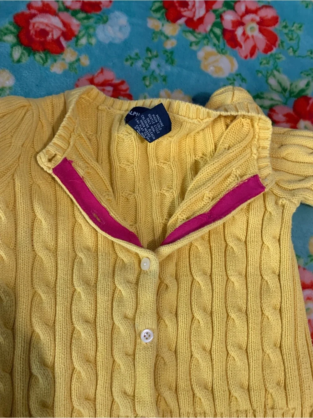 Ralph Lauren Mustard Yellow Cable-Knit Button Up Cardigan Pink Logo